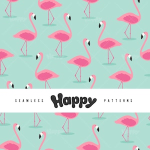May include: A seamless pattern featuring pink flamingos on a light blue background. The text "Happy Patterns" is centered at the bottom of the image.
