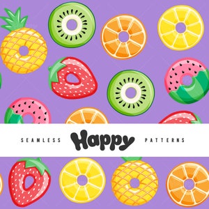 Puede incluir: Un patrón sin costuras con flotadores de piscina con forma de fruta de colores sobre un fondo morado. Los flotadores tienen forma de piña, kiwi, naranja, fresa, sandía y limón. El texto "Happy Patterns" está escrito en blanco sobre una pancarta blanca.
