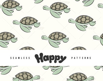 May include: Seamless pattern featuring a repeating design of green and brown cartoon sea turtles swimming on a white background. The text "Happy Patterns" is centred at the bottom of the image.