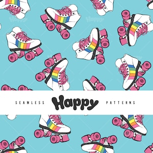 May include: Seamless pattern featuring white roller skates with rainbow stripes and pink wheels on a light blue background. The skates have pink laces and are repeated across the image. The word "Happy" is in the center.