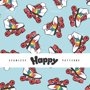 May include: A seamless pattern featuring rainbow roller skates on a light blue background. The skates are white with rainbow colored wheels and laces. The text "Happy Patterns" is written in black across the bottom of the image.