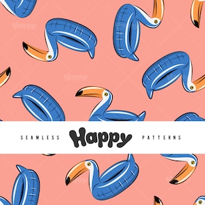Puede incluir: Un patrón sin costuras con flotadores de piscina inflables en forma de tucán azules y naranjas sobre un fondo rosa. El texto "Happy Patterns" se muestra en una pancarta blanca.