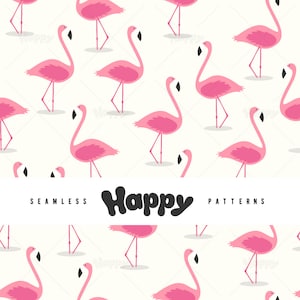 Puede incluir: Un patrón sin costuras con flamencos rosas con picos negros sobre un fondo blanco. El texto "Happy Patterns" está centrado en la parte inferior de la imagen.