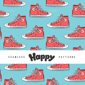 May include: A seamless pattern featuring red sneakers with white laces and a white star on a light blue background. The text "Happy Patterns" is written in black across the middle of the image.