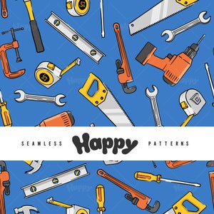 Puede incluir: Un patrón sin costuras que presenta varias herramientas sobre un fondo azul. Las herramientas incluyen una sierra, una llave inglesa, un martillo, un nivel, un destornillador, un taladro, una cinta métrica y una llave de tubo. El texto "Happy Patterns" se muestra en una pancarta blanca.