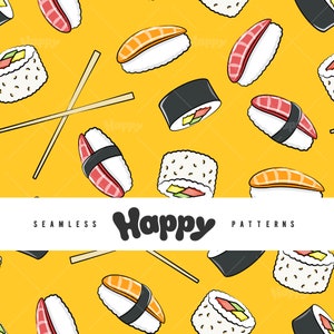 Könnte beinhalten: Ein nahtloses Muster mit verschiedenen Sushi-Sorten auf gelbem Hintergrund. Das Muster enthält verschiedene Arten von Sushi-Rollen, Nigiri und Essstäbchen. Der Text "Happy Patterns" wird am unteren Rand des Bildes angezeigt.