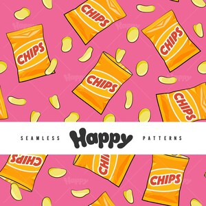 May include: A seamless pattern featuring yellow bags of crisps with the word "CHIPS" printed on them, scattered on a pink background with yellow potato chips.