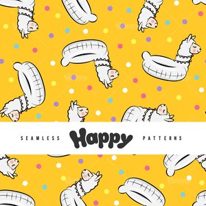 Pode incluir: Um padrão sem costura com lhamas brancas usando guirlandas coloridas, flutuando em anéis infláveis ​​sobre um fundo amarelo com confete. O texto "Happy" está escrito em preto na parte inferior da imagem.