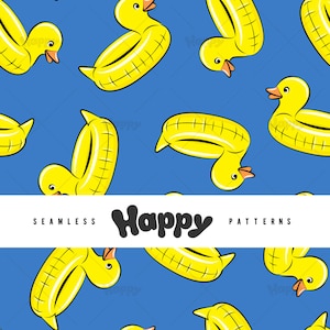 Puede incluir: Un patrón sin costuras con flotadores de piscina de pato de goma amarillos sobre un fondo azul. El texto "Happy Patterns" está escrito en negro en el medio de la imagen.