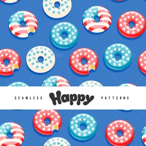 May include: A seamless pattern featuring red, white and blue doughnuts with stars and stripes. The doughnuts are on a blue background. The text "Happy Patterns" is written in black on a white banner.