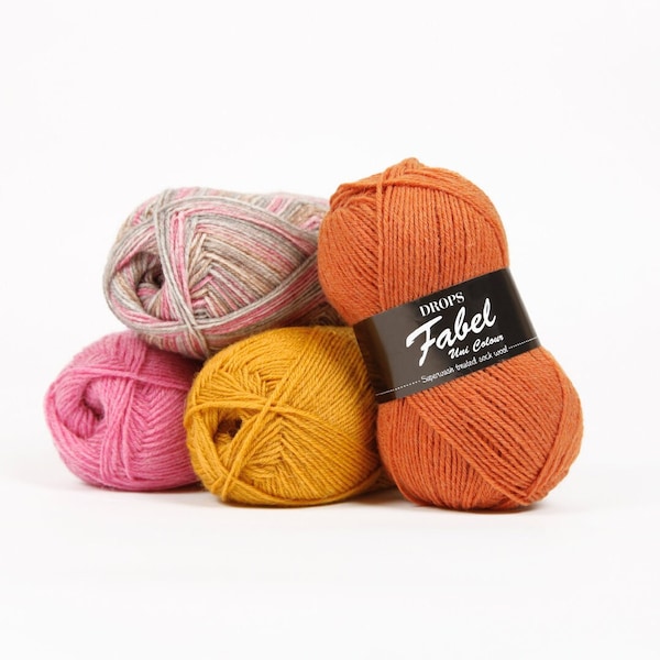 Drops Fabel, soft superwash wool sock yarn, available in gradient prints and solid colours