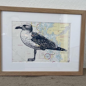 Siebdruck Seekarte Druck Karte Maritim Bild Unikat Gerahmt Bilderrahmen Meer Küste Möve Vogel