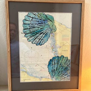 Siebdruck auf Seekarte Druck Landkarte Maritim Meer Muschel Ostsee Nordsee Schiff Boot Bild Rahmen