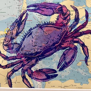 Siebdruck auf Seekarte Maritimer Handsiebdruck Krebs Karte Meer Ostsee Mecklenburg Landkarte Bild