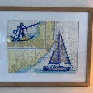 Siebdruck auf Seekarte Druck Landkarte Segelboot Maritim Meer Nordsee Bild Bilderrahmen Schiff