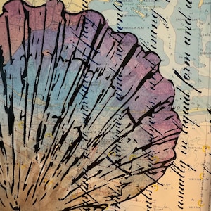 Image aquarelle sérigraphiée sur carte nautique, coquillage, mer maritime, mer du Nord, mer Baltique