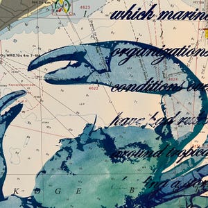 Aquarell und Siebdruck auf Seekarte Landkarte Krebs Krabbe Crab Meer Maritim Nordsee Ostsee Unikat