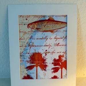 Aquarelle et sérigraphie sur carte nautique poissons maritimes palmiers art photo carte mer