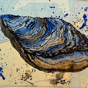 Aquarelle sérigraphiée sur carte nautique Auster Oyster Poel Mer Baltique Carte Maritime Image Shell