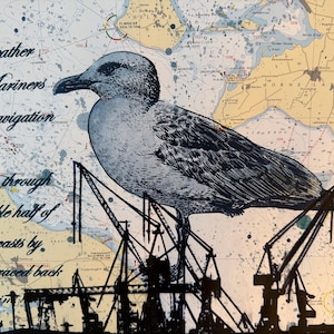 Mouette d’image d’aquarelle sérigraphiée sur l’impression de navire d’art de port de mer maritime de carte marine