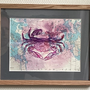 Sérigraphie aquarelle sur carte nautique carte imprimée carte maritime nautique cancer poisson crabe mer