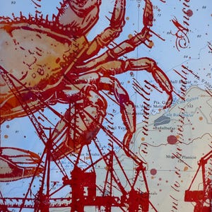 Aquarelle et sérigraphie sur véritable carte nautique crabe crabe grue imprimé unique maritime