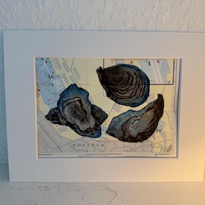 Sérigraphie aquarelle sur carte nautique coquille d'huître Rostock mer Baltique image maritime art mer