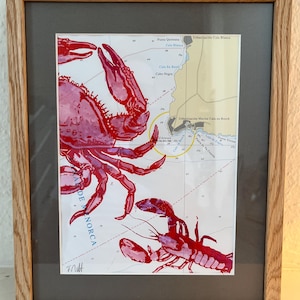 Sérigraphie et aquarelle sur carte nautique carte maritime crabe crabe impression mer