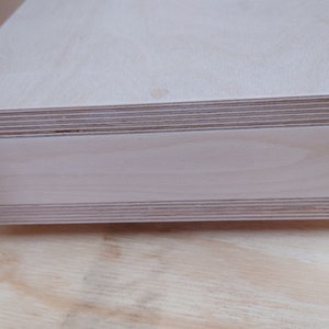 May include: A close-up of the edge of a light wood shelf, showing the layers of plywood.