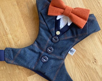 Navy Orange Karo Tweed-Hundeanzug, limitierte Auflage, Hundehochzeitskleidung, Hunderingträger, Hunde-Smoking, Hundeanzug-Geschirr, Hochzeit-Hundegeschirr