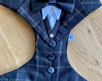 Traje de perro de tweed a cuadros negros, edición limitada, atuendo de boda para perros, portador de anillos para perros, esmoquin para perros, arnés de traje para perros, arnés para perros de boda