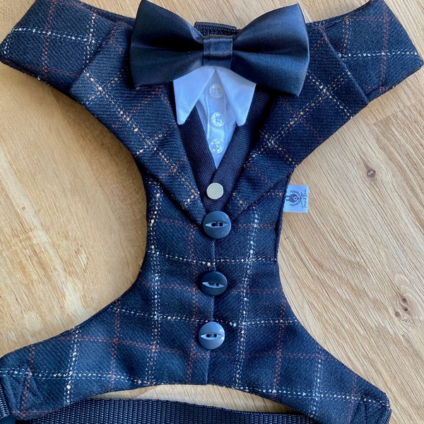 Black Check Tweed Dog Suit, Limited Edition, Dog Wedding Attire ,Dog Ring Bearer , Dog Tuxedo, Dog Suit Harness, Wedding Dog Harness