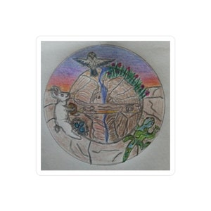 Esboço original desenhado à mão de cânion do deserto e vida selvagem em decalque de vinil. Decalques de vinil com corte de beijo