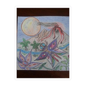 Decalcomanie in vinile tagliati a bacio Vulcano dell'isola tropicale e fiori con Mammoth Moth. Uno schizzo delle avventure di Mammoth Moth.