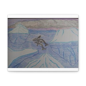 氷山に満たされた水の中のシャチ オリジナルの手描きスケッチ キャンバス ギャラリー ラップ