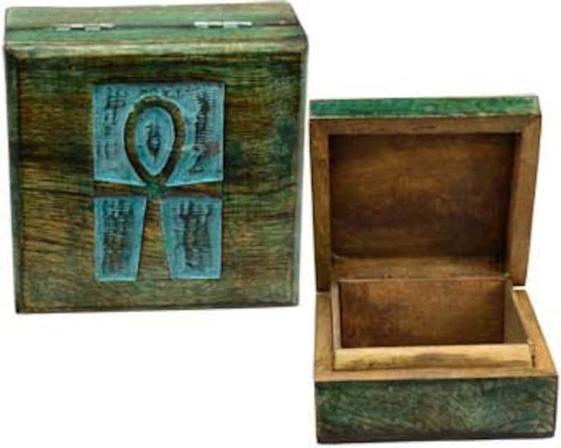 Egyptian Sacred Ankh /'Key of Life/' Wooden Handcrafted Container wCrystal COMES with Jewelery SET /& Leather Journal