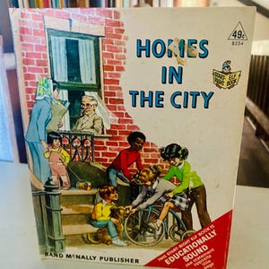 Può includere: Un libro per bambini vintage intitolato "Homes in the City" con un'illustrazione colorata di bambini che giocano. La copertina presenta un edificio in mattoni, una finestra con persone e il testo "Homes in the City". Pubblicato da Rand McNally.