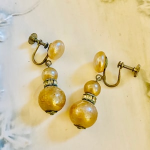 Mid-Century Pearl Drop Rhinestone Clip On Earrings