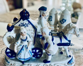 Vintage Blue and White Ceramic Horse Carriage with Lady, Gentleman, Coachman French Revival. Colonial Style.