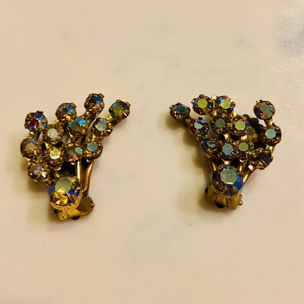 Gold, Blue and Green Rhinestone Clip On Earrings. Vintage Jewelry. 1960s.