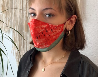 Gesichtsmaske, Behelfsmundschutz Maske, Damen, wiederverwendbare Baumwollmaske, mit Gummi und Nasendraht, Muster Wassermelone, Patchwork