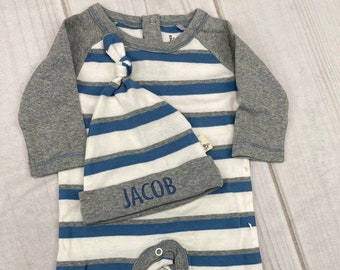 Baby Boy Coming Home Outfit, Newborn Boy Hospital Outfit, Striped Bodysuit and Hat Set, Organic Cotton, customized w/ name on hat