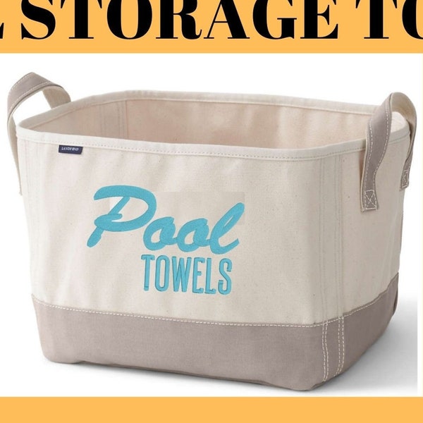 Pool Towel Storage Basket l Canvas Cube with Handles l Sturdy Canvas Tote l