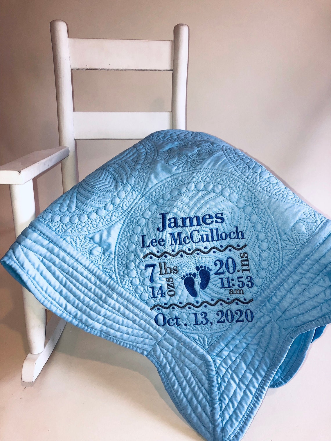 Baby Boy Quilt Birth Announcement Quilt Blue Embroidered Etsy