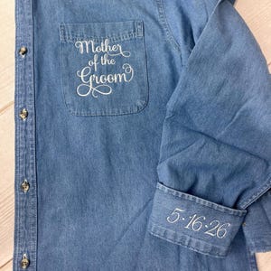 Wedding Party Shirts | Embroidered Pocket + Optional Cuff l Denim Shirts | Mother of the Bride - Bridesmaids | Button Down Shirt
