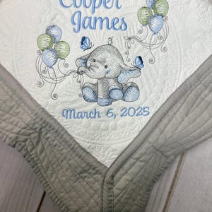Elephant Baby Quilt l FREE SHIPPING | Embroidered Baby Boy Quilt l Infant Boy Bedding l Birth Announcement Quilt I New Baby Gift l