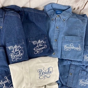 Bridesmaids Shirts l Oversized Button Down Denim Shirts l Embroidered Bridal Party Gifts | Get Ready Shirts | Monogrammed Shacket