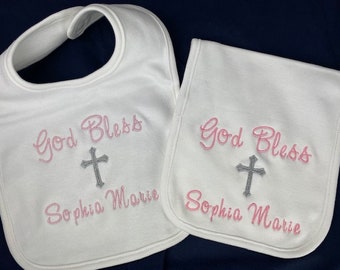 Baptism Bib l Boy or Girl  Christening Bib l  Baby Naming l 100% Cotton l Bib and Burp Cloth l Cross Bib