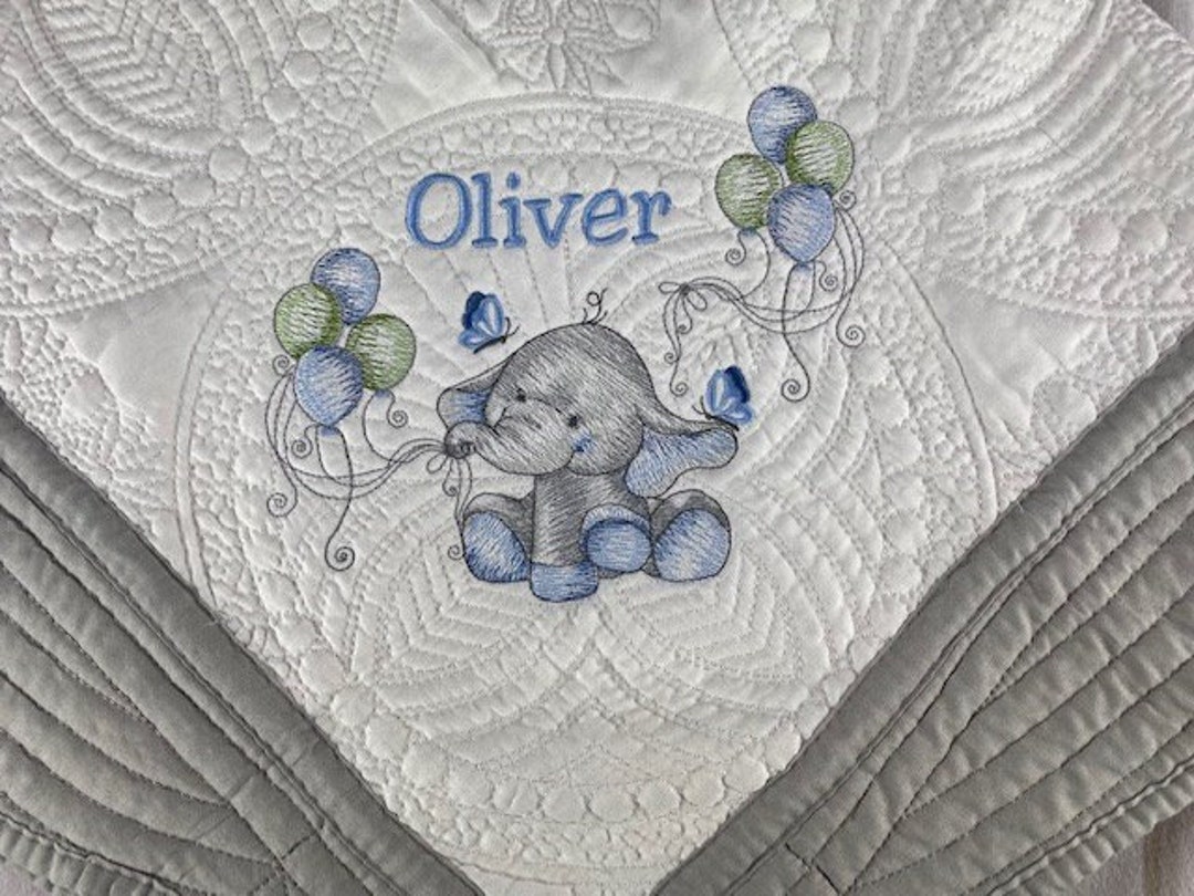 Custom Baby Elephant Blanket L Embroidered Baby Boy Quilt L Infant Boy