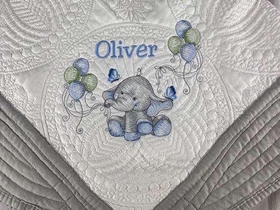 Custom Baby Elephant Blanket L Embroidered Baby Boy Quilt L Infant